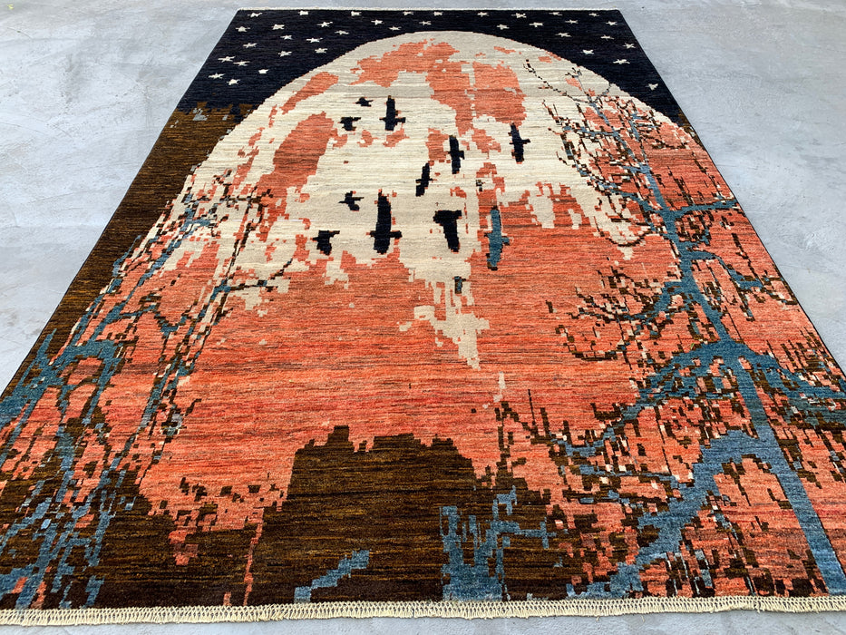 9'10 x 6'5 Hand-Knotted Peshawari Chobi Wool Rug - Modern Pictorial Moon Landscape Area Rug - KBHM-527