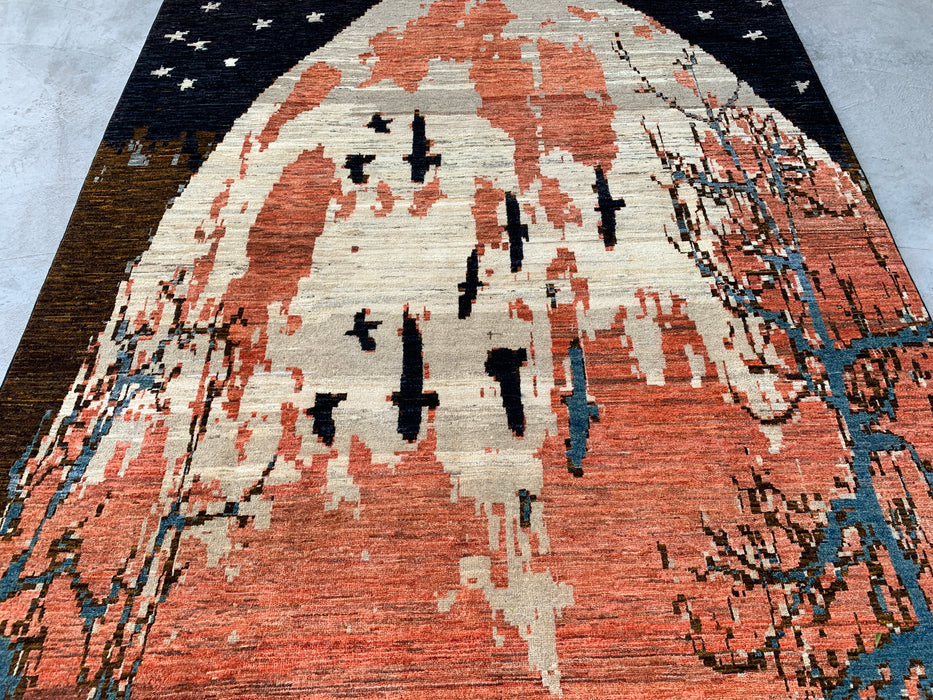 9'10 x 6'5 Hand-Knotted Peshawari Chobi Wool Rug - Modern Pictorial Moon Landscape Area Rug - KBHM-527