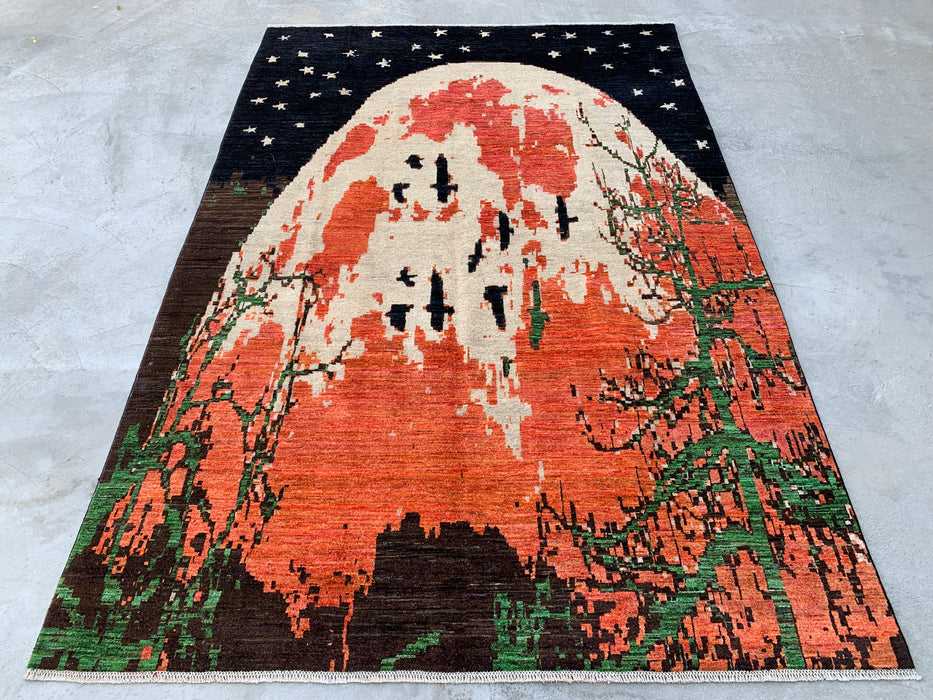9'7 x 6'6 Hand-Knotted Peshawari Chobi Wool Rug - Modern Pictorial Moon Landscape Area Rug - KBHM-529