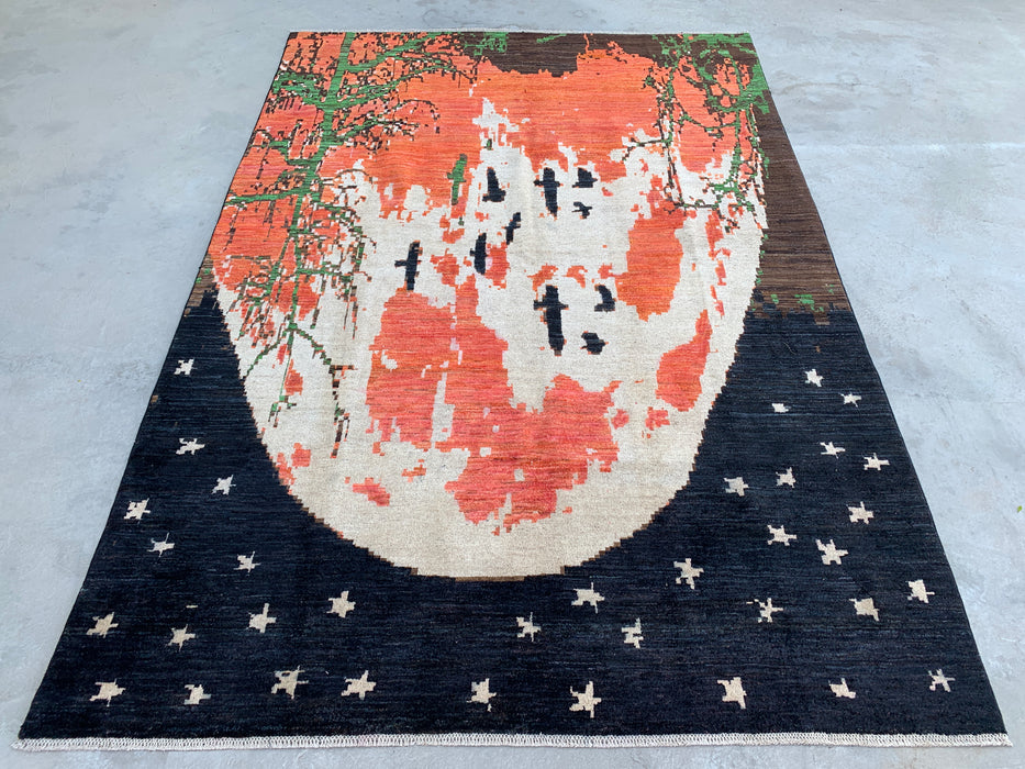 9'7 x 6'6 Hand-Knotted Peshawari Chobi Wool Rug - Modern Pictorial Moon Landscape Area Rug - KBHM-529