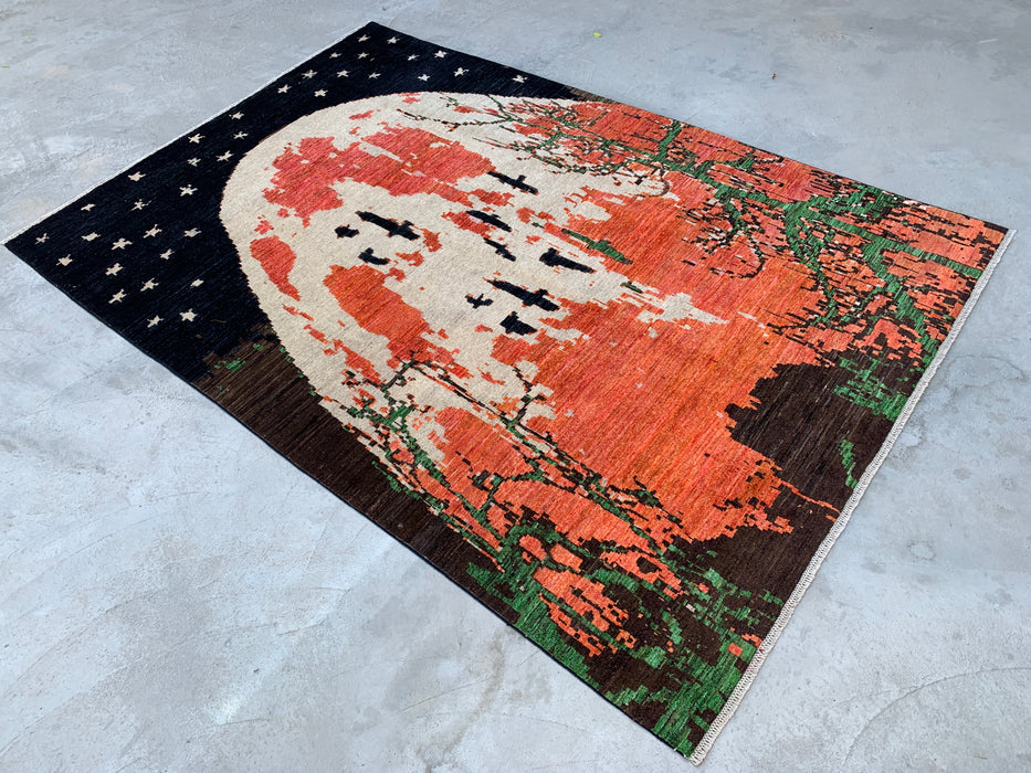 9'7 x 6'6 Hand-Knotted Peshawari Chobi Wool Rug - Modern Pictorial Moon Landscape Area Rug - KBHM-529