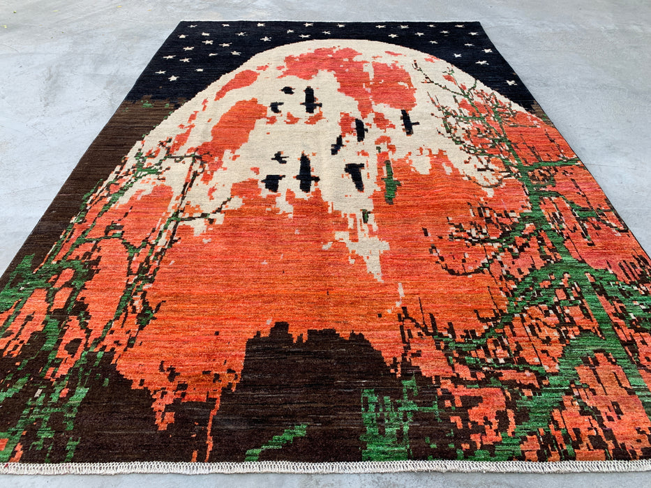 9'7 x 6'6 Hand-Knotted Peshawari Chobi Wool Rug - Modern Pictorial Moon Landscape Area Rug - KBHM-529