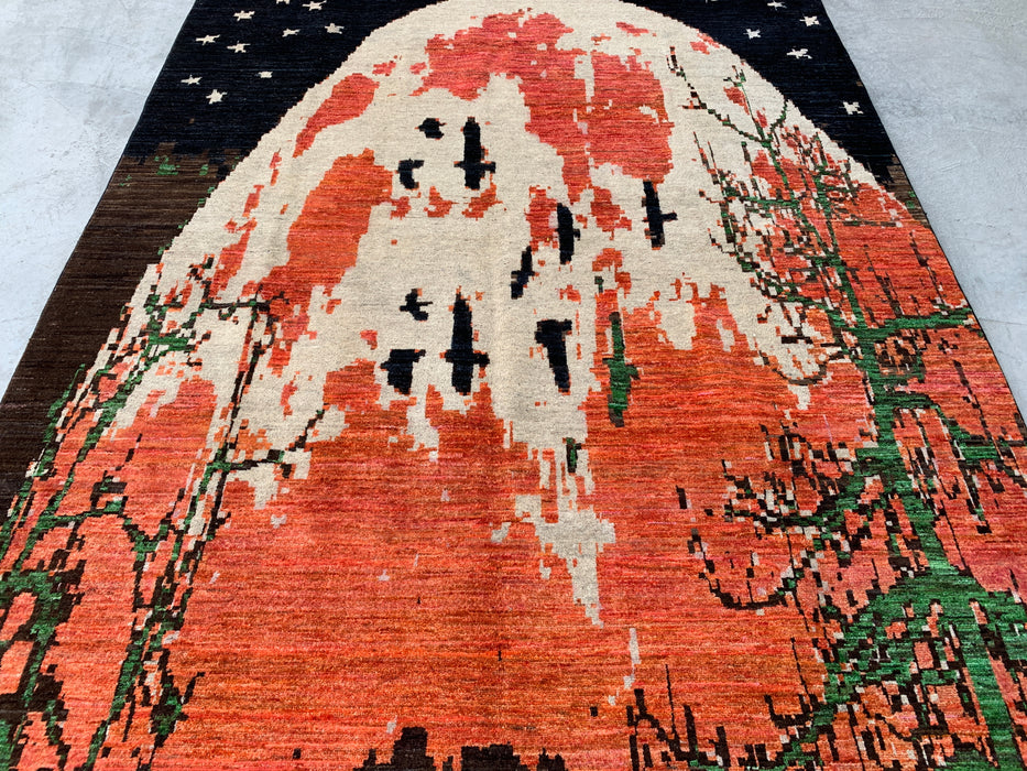 9'7 x 6'6 Hand-Knotted Peshawari Chobi Wool Rug - Modern Pictorial Moon Landscape Area Rug - KBHM-529