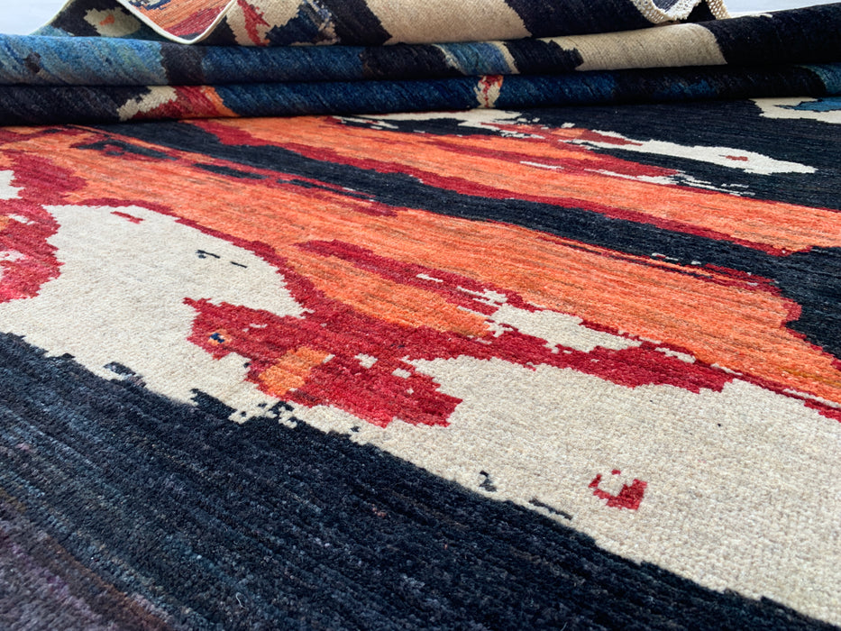 9'5 x 6'9 Hand-Knotted Peshawari Chobi Wool Rug - Modern Abstract Blue Ivory Rust Area Rug - KBHM-530