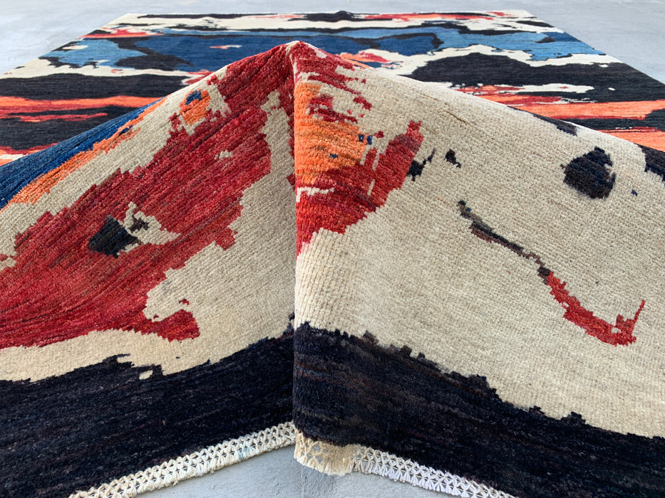 9'5 x 6'9 Hand-Knotted Peshawari Chobi Wool Rug - Modern Abstract Blue Ivory Rust Area Rug - KBHM-530