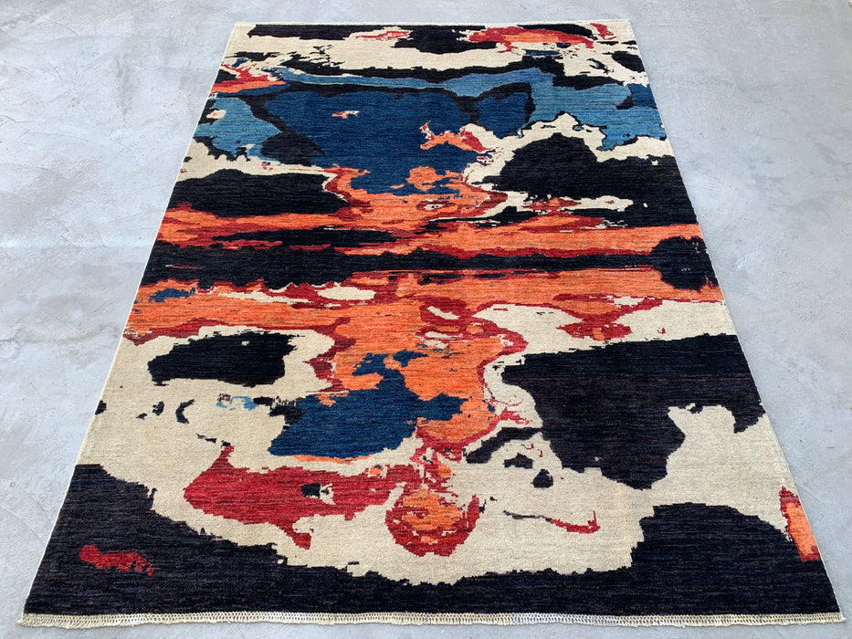 9'5 x 6'9 Hand-Knotted Peshawari Chobi Wool Rug - Modern Abstract Blue Ivory Rust Area Rug - KBHM-530