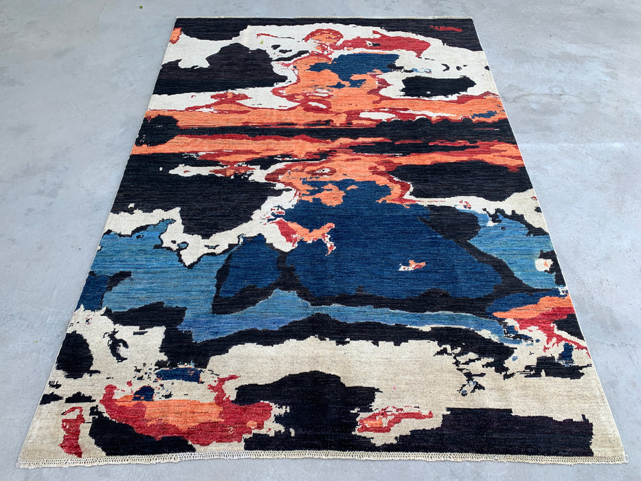 9'5 x 6'9 Hand-Knotted Peshawari Chobi Wool Rug - Modern Abstract Blue Ivory Rust Area Rug - KBHM-530
