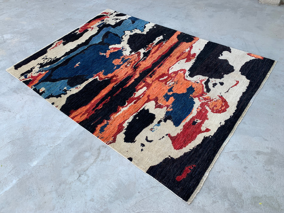 9'5 x 6'9 Hand-Knotted Peshawari Chobi Wool Rug - Modern Abstract Blue Ivory Rust Area Rug - KBHM-530