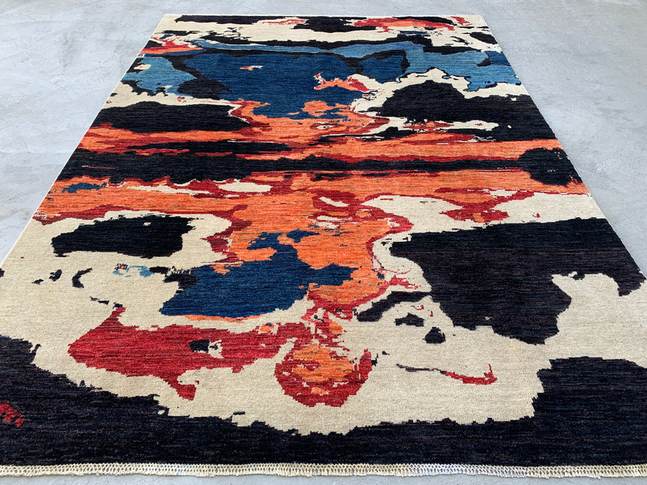9'5 x 6'9 Hand-Knotted Peshawari Chobi Wool Rug - Modern Abstract Blue Ivory Rust Area Rug - KBHM-530