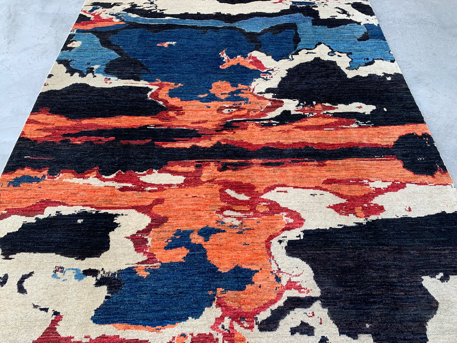 9'5 x 6'9 Hand-Knotted Peshawari Chobi Wool Rug - Modern Abstract Blue Ivory Rust Area Rug - KBHM-530