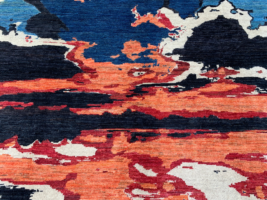 9'5 x 6'9 Hand-Knotted Peshawari Chobi Wool Rug - Modern Abstract Blue Ivory Rust Area Rug - KBHM-530