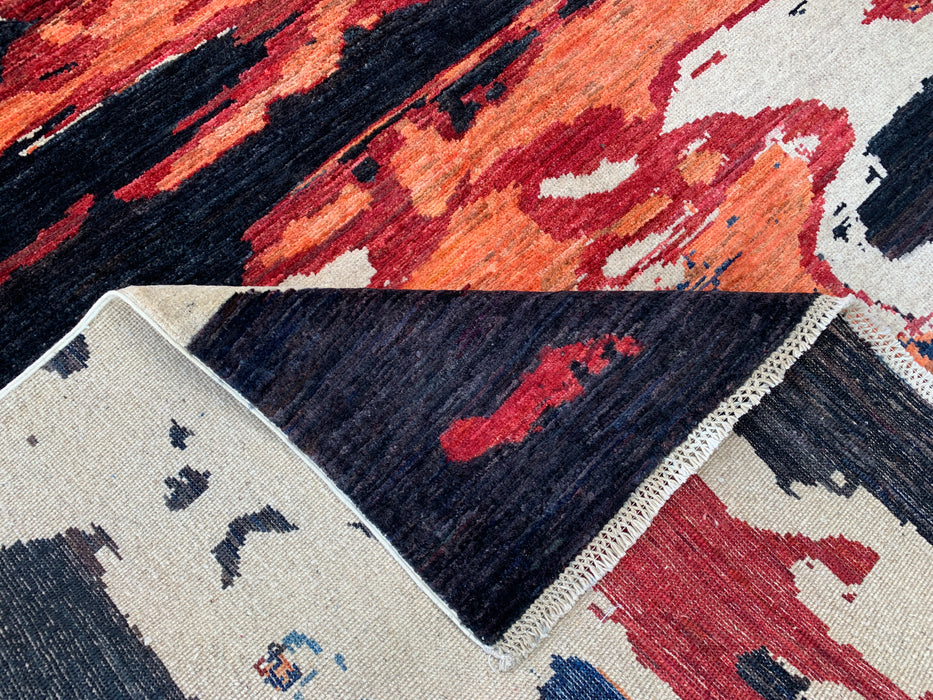 9'5 x 6'9 Hand-Knotted Peshawari Chobi Wool Rug - Modern Abstract Blue Ivory Rust Area Rug - KBHM-530