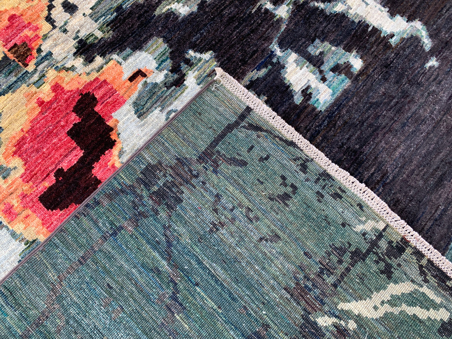 9'7 x 6'5 Hand-Knotted Peshawari Chobi Wool Rug - Modern Abstract Teal Black Area Rug - KBHM-531