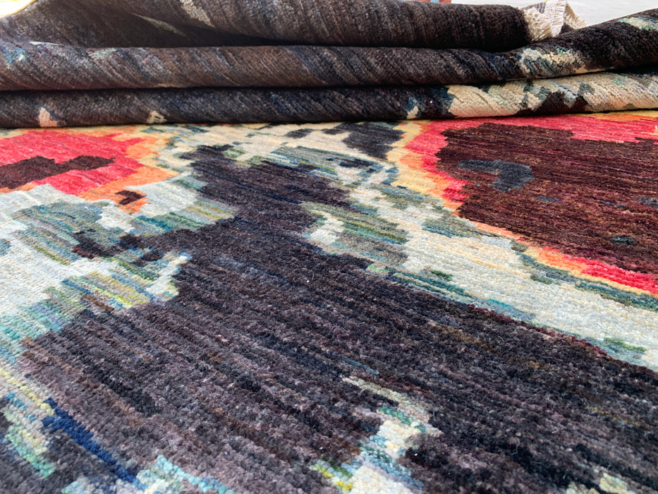 9'7 x 6'5 Hand-Knotted Peshawari Chobi Wool Rug - Modern Abstract Teal Black Area Rug - KBHM-531