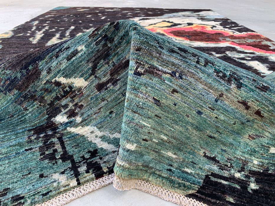9'7 x 6'5 Hand-Knotted Peshawari Chobi Wool Rug - Modern Abstract Teal Black Area Rug - KBHM-531
