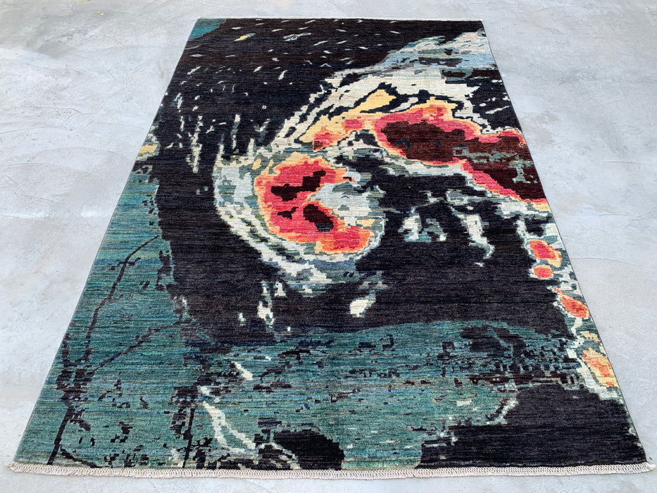 9'7 x 6'5 Hand-Knotted Peshawari Chobi Wool Rug - Modern Abstract Teal Black Area Rug - KBHM-531
