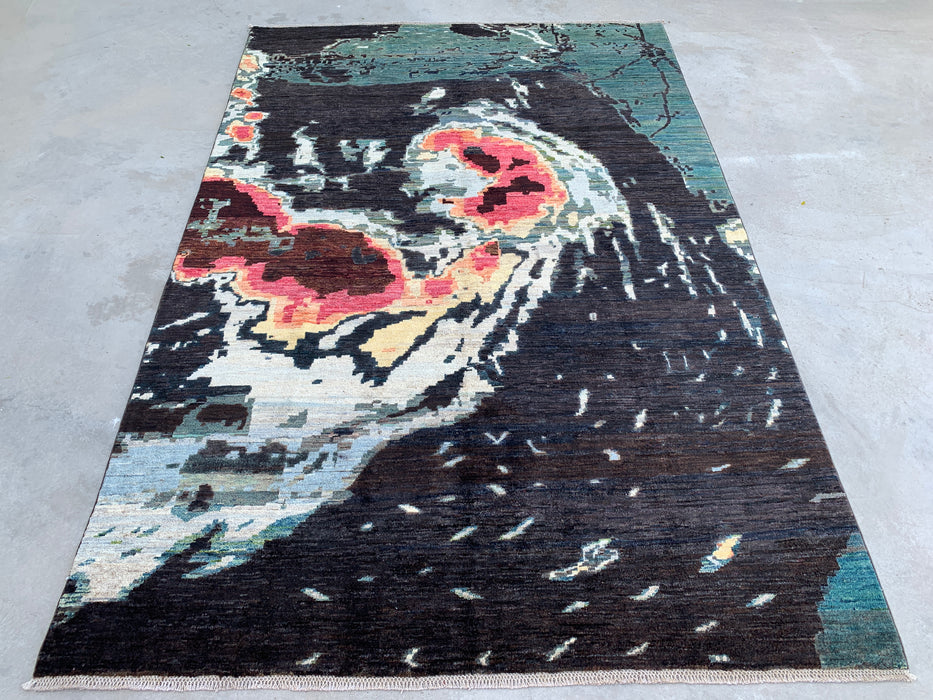 9'7 x 6'5 Hand-Knotted Peshawari Chobi Wool Rug - Modern Abstract Teal Black Area Rug - KBHM-531