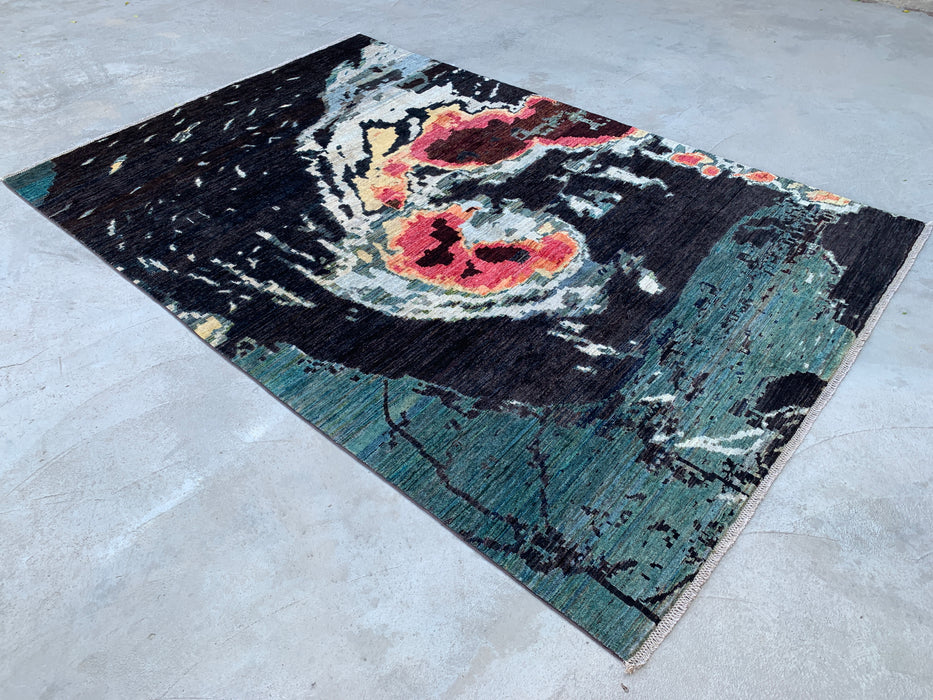 9'7 x 6'5 Hand-Knotted Peshawari Chobi Wool Rug - Modern Abstract Teal Black Area Rug - KBHM-531