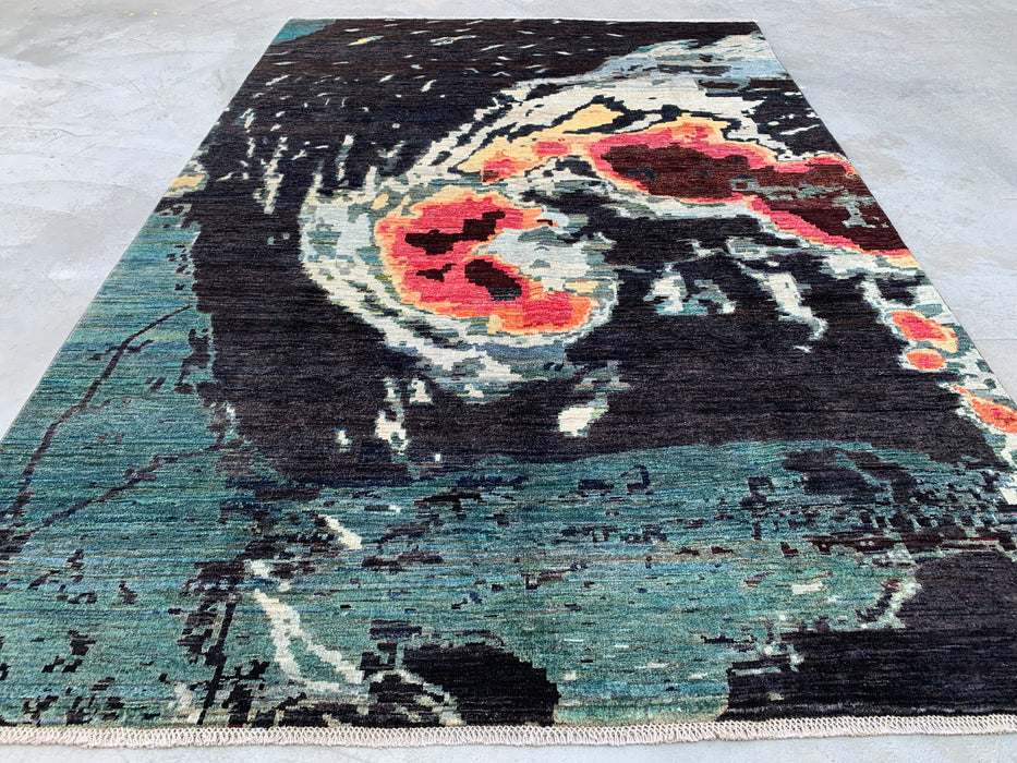 9'7 x 6'5 Hand-Knotted Peshawari Chobi Wool Rug - Modern Abstract Teal Black Area Rug - KBHM-531