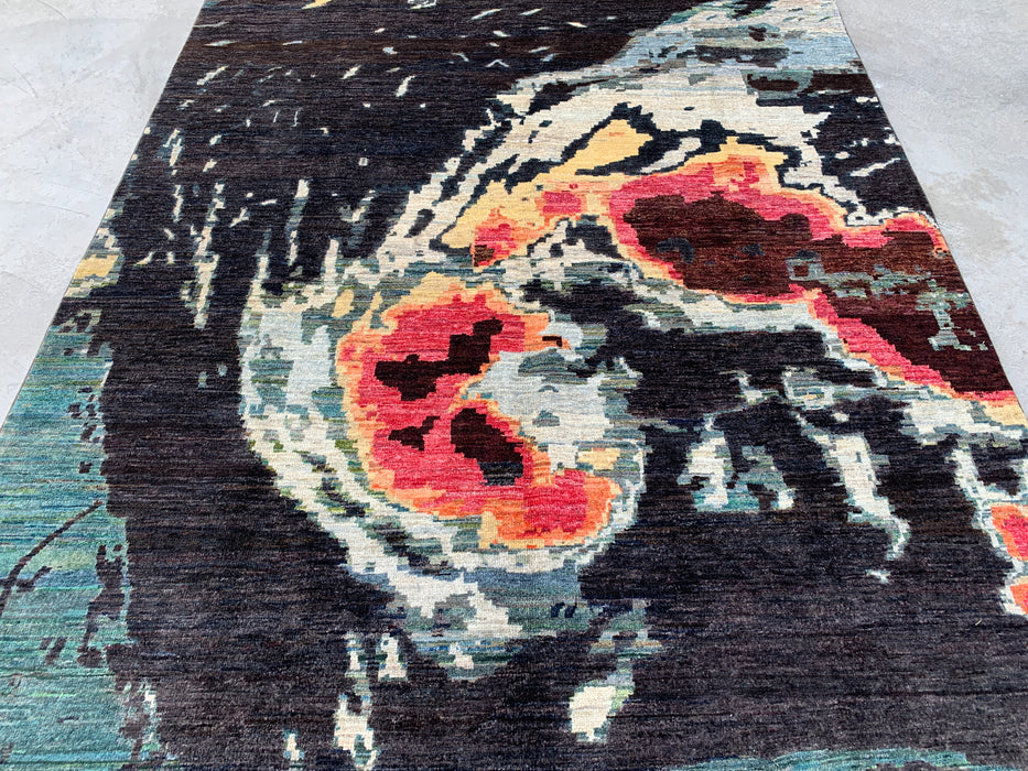 9'7 x 6'5 Hand-Knotted Peshawari Chobi Wool Rug - Modern Abstract Teal Black Area Rug - KBHM-531