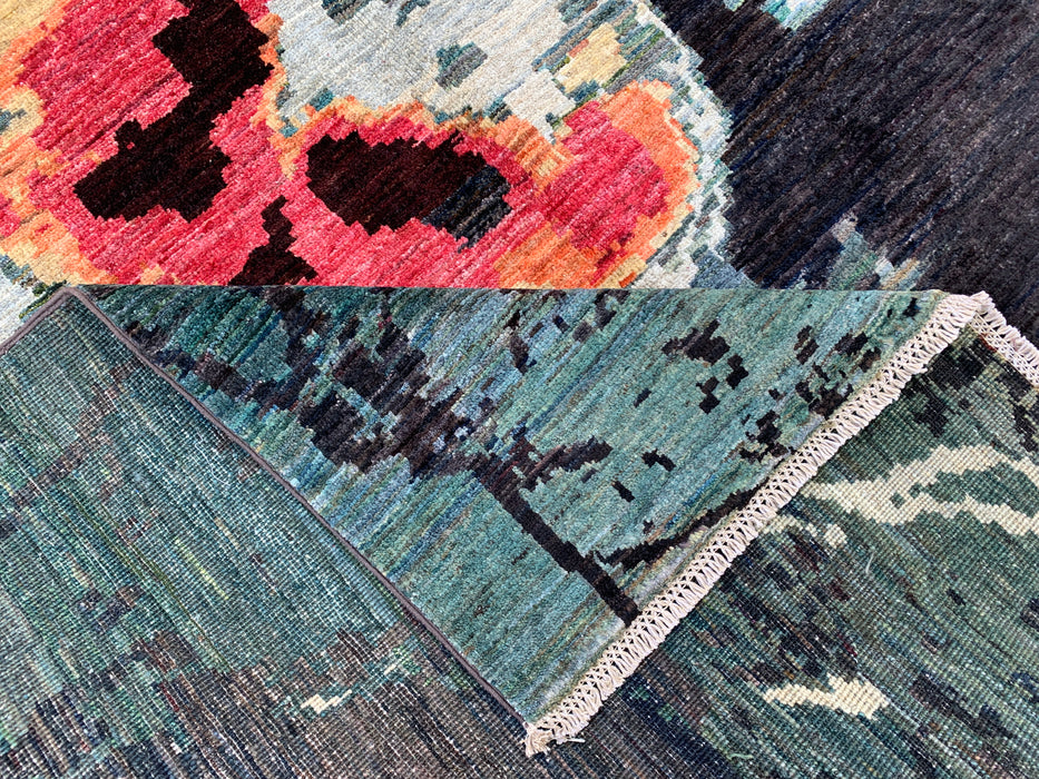9'7 x 6'5 Hand-Knotted Peshawari Chobi Wool Rug - Modern Abstract Teal Black Area Rug - KBHM-531