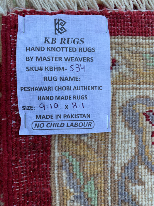 9'10 x 8'1 Hand-Knotted Peshawari Chobi Wool Rug - Red Traditional Floral Area Rug - KBHM-534