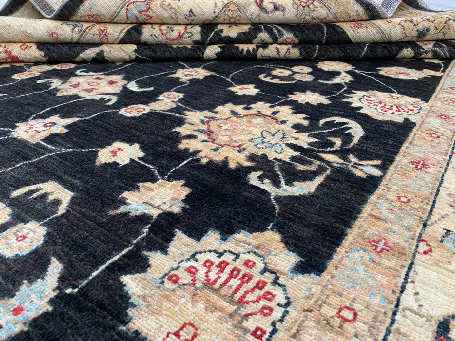 10'4 x 6'8 Hand-Knotted Peshawari Chobi Wool Rug - Black Traditional Floral Area Rug - KBHM-538