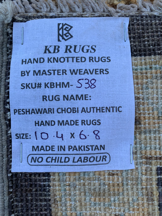 10'4 x 6'8 Hand-Knotted Peshawari Chobi Wool Rug - Black Traditional Floral Area Rug - KBHM-538