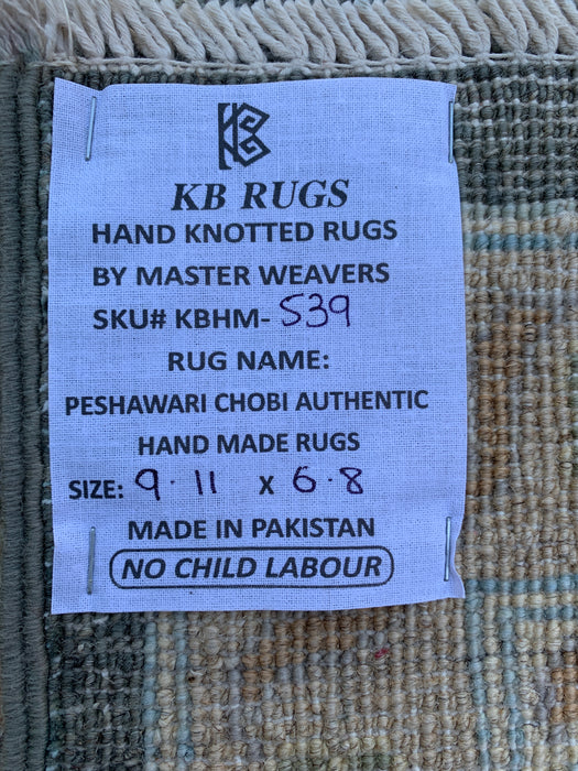 9'11 x 6'8 Hand-Knotted Peshawari Chobi Wool Rug - Gray Blue Traditional Floral Area Rug - KBHM-539