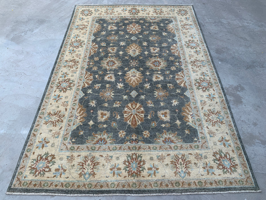 9'11 x 6'8 Hand-Knotted Peshawari Chobi Wool Rug - Gray Blue Traditional Floral Area Rug - KBHM-539