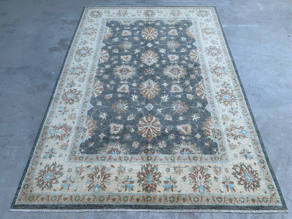 9'11 x 6'8 Hand-Knotted Peshawari Chobi Wool Rug - Gray Blue Traditional Floral Area Rug - KBHM-539
