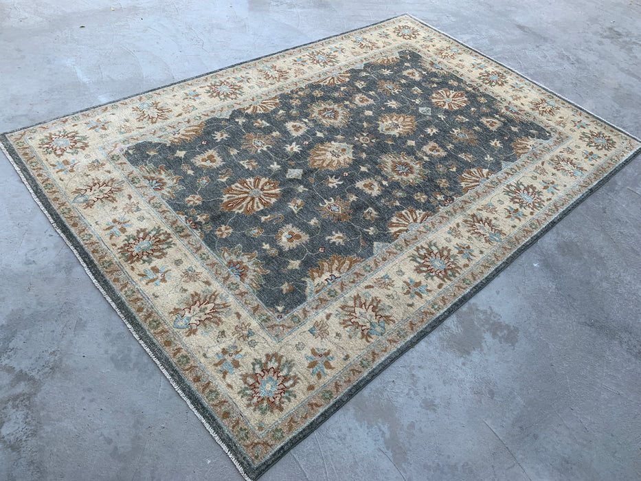 9'11 x 6'8 Hand-Knotted Peshawari Chobi Wool Rug - Gray Blue Traditional Floral Area Rug - KBHM-539
