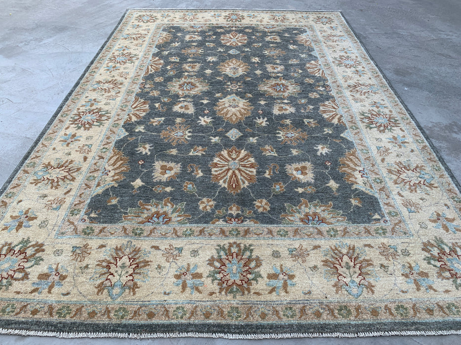 9'11 x 6'8 Hand-Knotted Peshawari Chobi Wool Rug - Gray Blue Traditional Floral Area Rug - KBHM-539