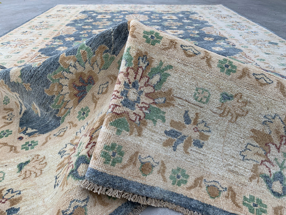 9'8 x 6'7 Hand-Knotted Peshawari Chobi Wool Rug - Blue Gray Traditional Floral Area Rug - KBHM-541