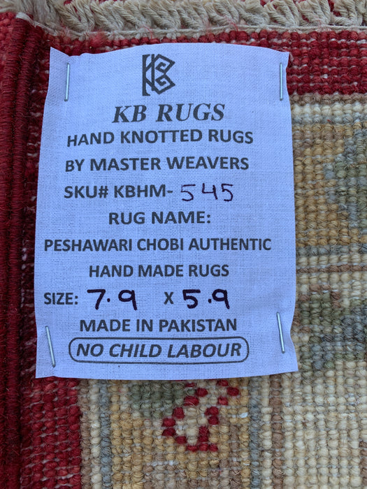 7'9 x 5'9 Hand-Knotted Peshawari Chobi Wool Rug - Red Traditional Floral Area Rug - KBHM-545