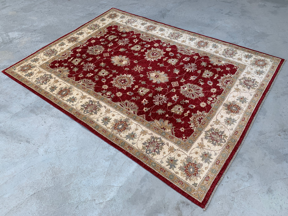 7'9 x 5'9 Hand-Knotted Peshawari Chobi Wool Rug - Red Traditional Floral Area Rug - KBHM-545