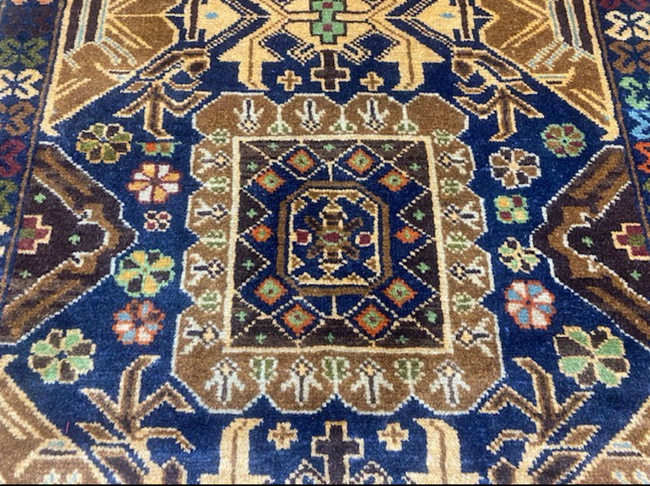 3’11” x 6’8” Hand-Knotted Caucasian Wool Runner – Deep Indigo & Earth Tones