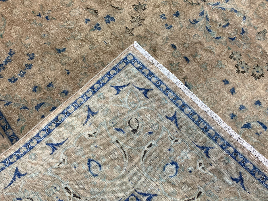 9’8” × 12’6” Hand-Knotted Wool Rug – Camel Brown Field with Navy & Taupe Floral Border