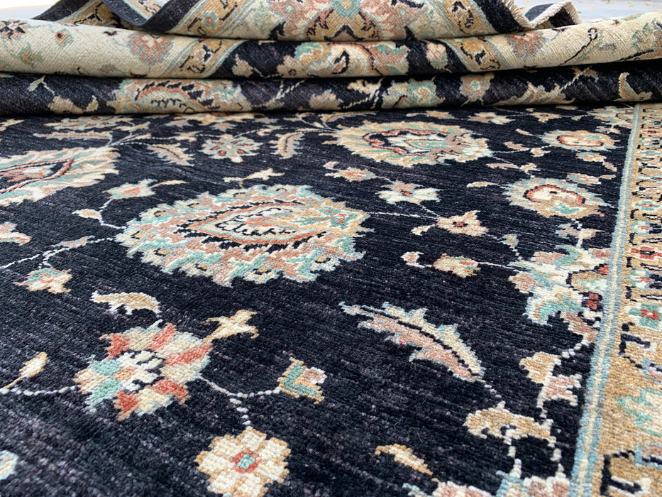 8'9 x 6'6 Hand-Knotted Peshawari Chobi Wool Rug - Black Traditional Floral Area Rug - KBHM-551