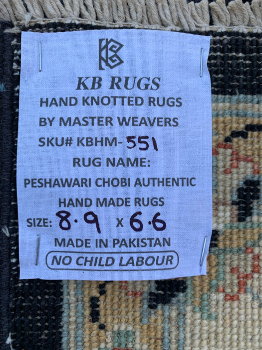 8'9 x 6'6 Hand-Knotted Peshawari Chobi Wool Rug - Black Traditional Floral Area Rug - KBHM-551