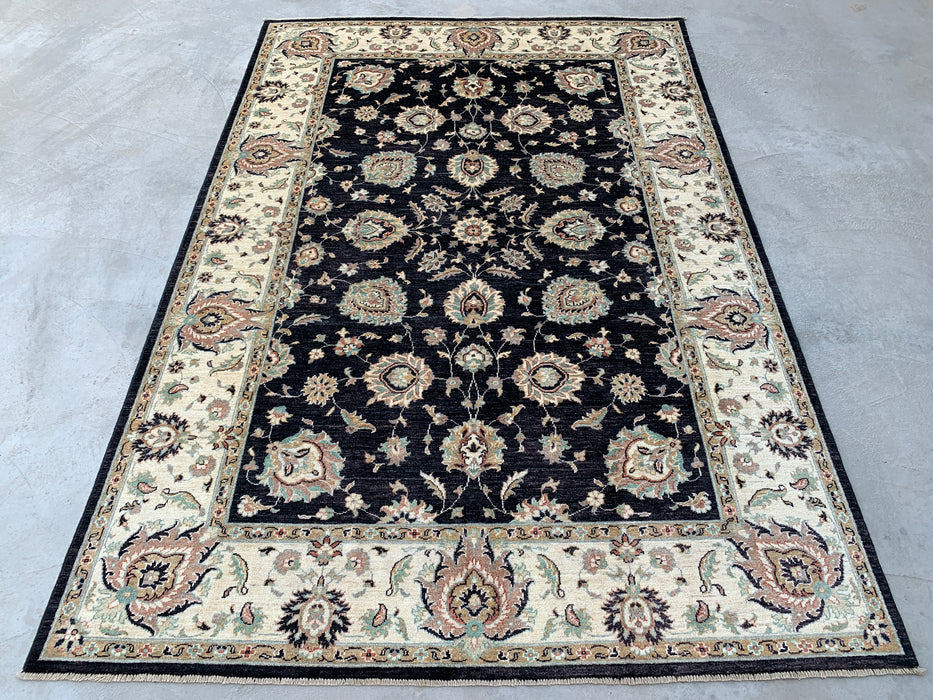 8'9 x 6'6 Hand-Knotted Peshawari Chobi Wool Rug - Black Traditional Floral Area Rug - KBHM-551