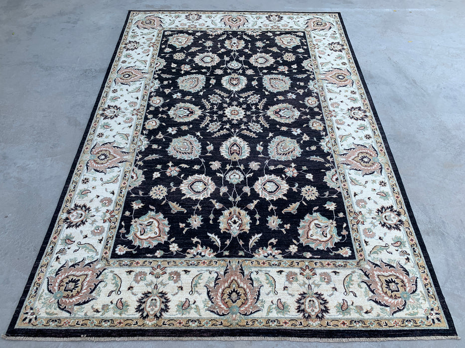 8'9 x 6'6 Hand-Knotted Peshawari Chobi Wool Rug - Black Traditional Floral Area Rug - KBHM-551