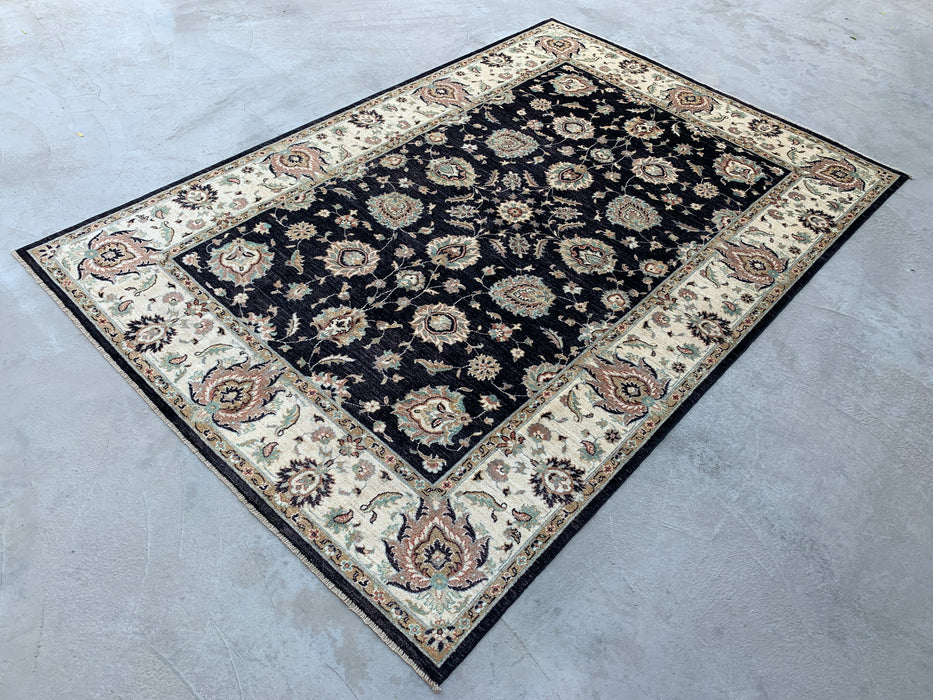 8'9 x 6'6 Hand-Knotted Peshawari Chobi Wool Rug - Black Traditional Floral Area Rug - KBHM-551