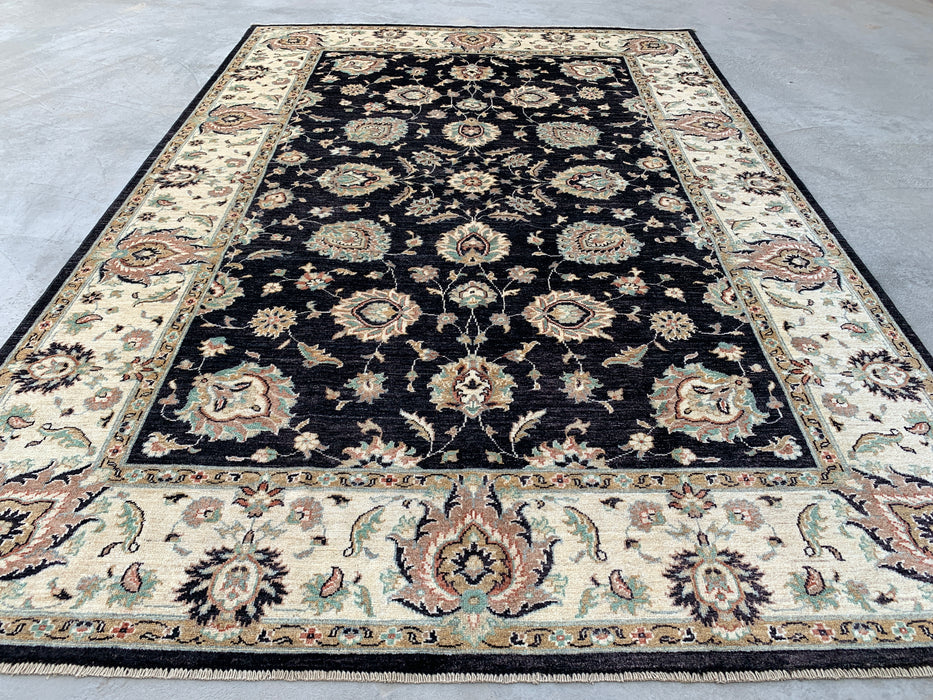 8'9 x 6'6 Hand-Knotted Peshawari Chobi Wool Rug - Black Traditional Floral Area Rug - KBHM-551