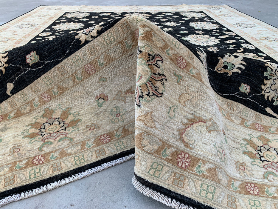 9'10 x 8'1 Hand-Knotted Peshawari Chobi Wool Rug - Black Traditional Floral Area Rug - KBHM-553