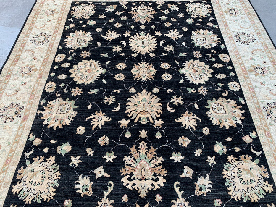 9'10 x 8'1 Hand-Knotted Peshawari Chobi Wool Rug - Black Traditional Floral Area Rug - KBHM-553