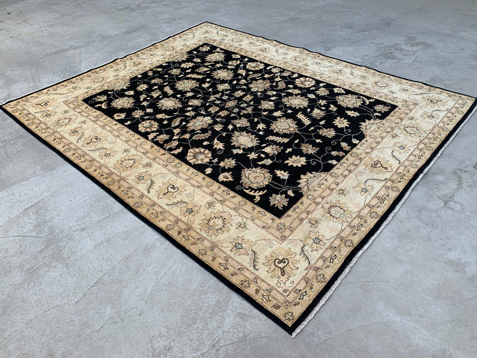 9'7 x 7'11 Hand-Knotted Peshawari Chobi Wool Rug - Black Traditional Floral Area Rug - KBHM-556