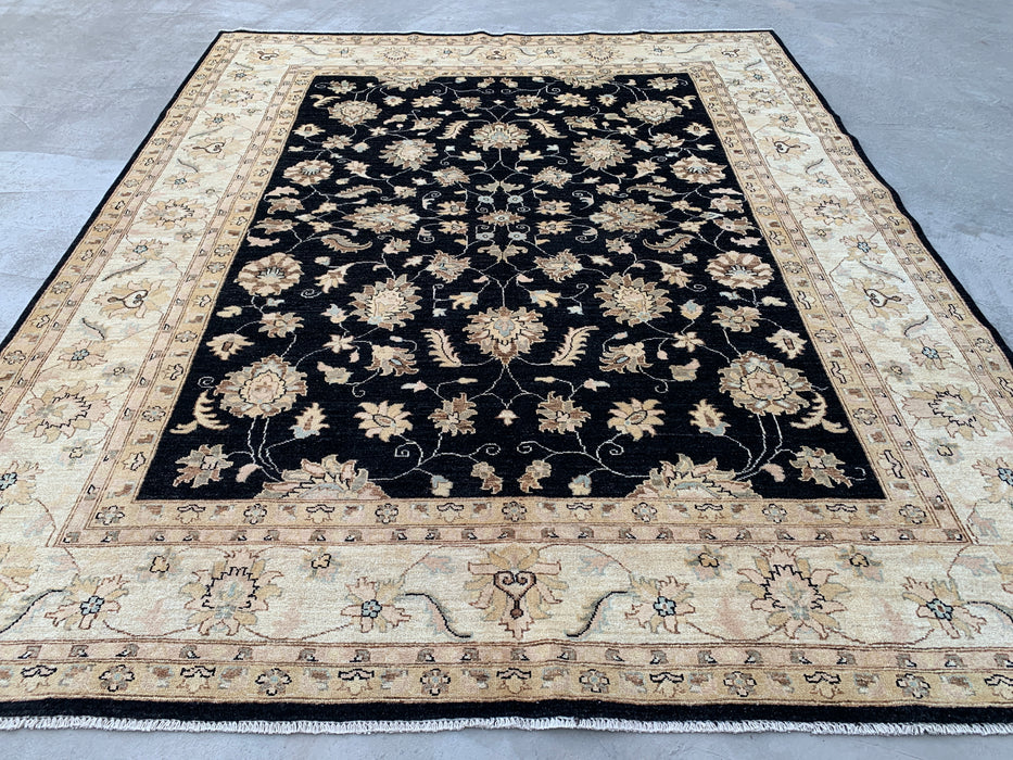 9'7 x 7'11 Hand-Knotted Peshawari Chobi Wool Rug - Black Traditional Floral Area Rug - KBHM-556