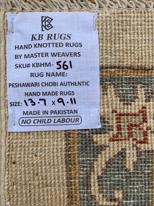 13'7 x 9'11 Hand-Knotted Peshawari Chobi Wool Rug - Ivory Traditional Floral Area Rug - KBHM-561