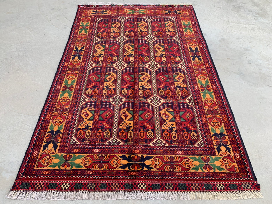 5'0 x 3'3 Hand-Knotted Peshawari Chobi Wool Rug - Red Tribal Geometric Area Rug - KBHM-567